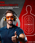 Front-view image: man wearing safety glasses and yellow ear protection giving thumbs up beside a red target silhouette.
