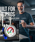 Inline Air Regulator And Flow Control Valve With Pressure Gauge For Pneumatic Tools And Spray Painting One Quarter Inch NPT Brass Body 0 To 150 PSI Adjustable Air Pressure And Flow For Tire Inflation And Hobbyist Projects with dimensions 2.24 inch by 2.48 inch in workshop setting.