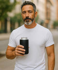 Man holding a Custom Engraved Stainless Steel Can Cooler With Name And Date For 12 Oz And 16 Oz Cans Vacuum Insulated, Black