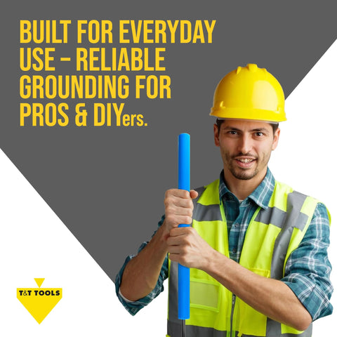 Worker holding a heavy duty sliding ground rod with handle for outdoor grounding systems, professional soil tool from T and T Tools.