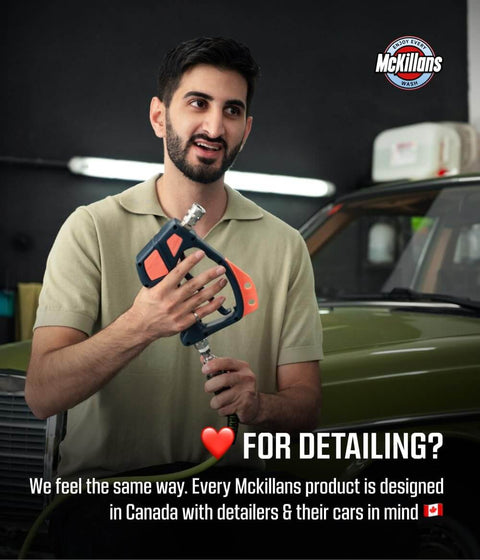 Man holding a swivel high pressure washer gun with preinstalled fittings near a vintage car, emphasizing auto detailing.