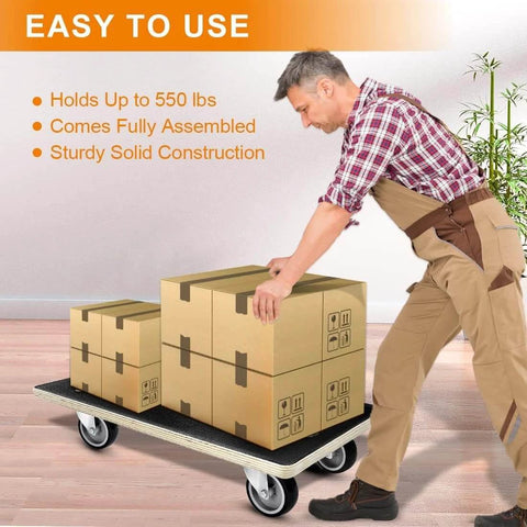 Man using heavy duty wood furniture dolly set of 2 with 4 wheels, 22 x 11 inch platform, 1100 lb total load capacity, silent swivel casters