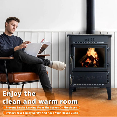 Man relaxing by wood stove using Wood Stove Door Gasket Cement With High Temp Silicone Sealant RTV Rated Adhesive Built Tough To 850F Black Non Toxic Low VOC Heat Resistant Silicone Glue 310ml.