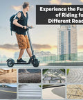 Man riding a city scooter showcasing 2Pack 8.5 Inches Scooter Inner Tube,8.5'' x 2" Inner on various terrains; urban background.