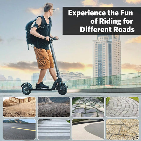 Man riding a city scooter showcasing 2Pack 8.5 Inches Scooter Inner Tube,8.5'' x 2" Inner on various terrains; urban background.