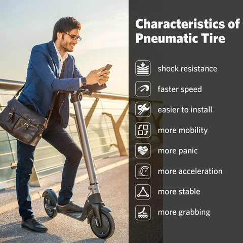 Man with scooter leaning on railing showing characteristics of 2Pack 8.5 Inches Scooter Inner Tube,8.5'' x 2 pneumatic tyres for Gotrax M365