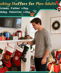 Man placing rechargeable flashlight with 7 modes and USB-C charging into Christmas stocking in living room setting.