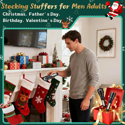 Man placing rechargeable flashlight with 7 modes and USB-C charging into Christmas stocking in living room setting.