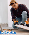 Man using shims for tiles leveling in construction project