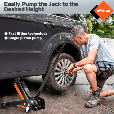 Beast Mode 3 Ton Floor Jack for Cars, Trucks and SUVs, hydraulic quick lift with single piston pump in use under vehicle.