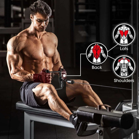 Man using Combo Cable Attachment Set for Home Gym Includes Tricep Rope 27 Inch Double D Handle with rubber grips on a rowing machine bench.