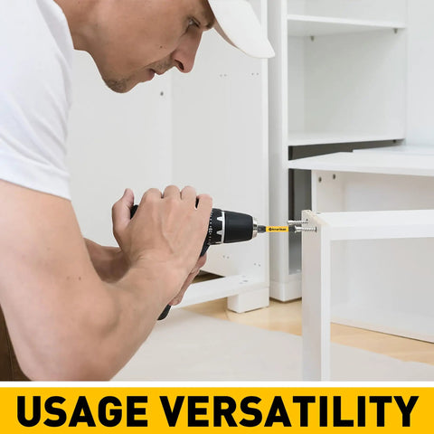 Man using drill with Torx Bit Set For Security And Tamper Resistant Fasteners 24 Piece S2 Steel Driver Bits In 1 Inch And 2 Point 3 Inch Lengths T5 Through T40 Durable Pro Grade Tool Kit Essential Amartisan on white furniture