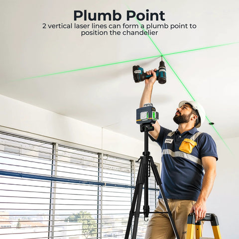 Worker using Laser Level Self Leveling 3x360 Degree Green Cross Line for construction, positioned on tripod, showing alignment lines on ceiling.