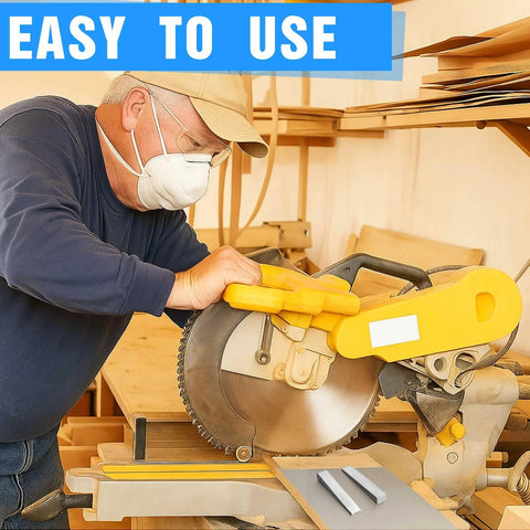 Person using circular saw with protective gear in workshop, two steel flange wedges nearby on table.