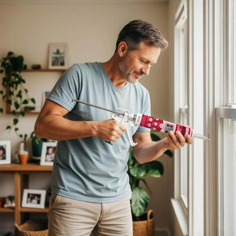 Man applying All Purpose Silicone Caulk Clear Sealant For Bathrooms And Showers Waterproof RTV Silicone Sealant Tub And Shower Grade 9.5 Fl Oz Cartridge