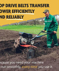 Man using tiller, highlighting A43/4L450, A/4L, Classic Wrapped V-Belt, Rubber, 1/2" x 45" in durable agricultural equipment