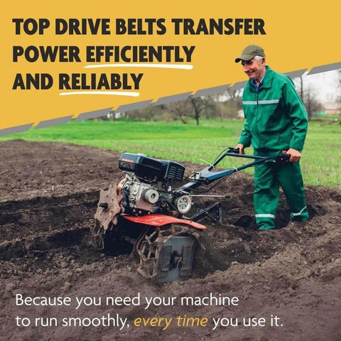 Man using tiller, highlighting A43/4L450, A/4L, Classic Wrapped V-Belt, Rubber, 1/2" x 45" in durable agricultural equipment