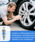 Man using Valve Core Replacement Kit For HVAC And Auto Use Universal Schrader Valve Core Set For R32 R22 And R410A Refrigerants Tire Inflation