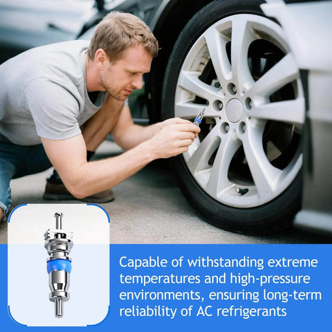 Man using Valve Core Replacement Kit For HVAC And Auto Use Universal Schrader Valve Core Set For R32 R22 And R410A Refrigerants Tire Inflation