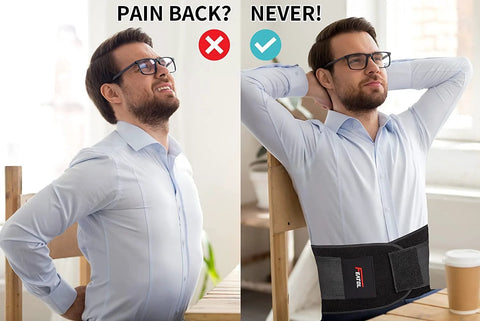 Man wearing Back Brace Support Belt For Lower Back Pain And Sciatica Relief, showing before and after comfort comparison.
