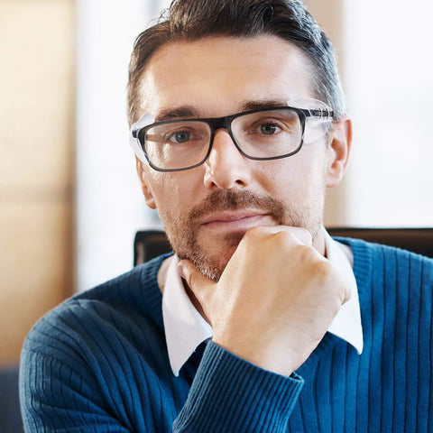 Man wearing Two Pairs Side Shields For Glasses Slip On Eye Protection Fits Most Eyewear indoors