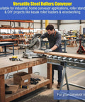 Man using saw with 2 Pack 10 Inch Long Roller and Bracket Set, 1.5 Inch Diameter Galvanized Steel Conveyor Rollers for woodworking