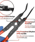 Close-up of Auto Clip Pliers Set And Fastener Remover Kit showing manganese steel material and polypropylene handle.