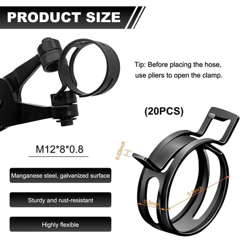 Close-up of 20 Pack 1/2 Inch ID Spring Band Hose Clamps, 12mm Manganese Steel Low Pressure Clips, rust-resistant and flexible