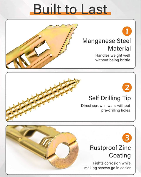 100 pcs self drilling drywall anchors and screws kit with 4 size metal expansion anchors made from zinc plated manganese steel with no drill installation