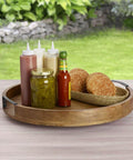18 inch mango wood lazy susan serving tray with condiments and bread, round rotating centerpiece for dining tables.