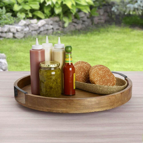 18 inch mango wood lazy susan serving tray with condiments and bread, round rotating centerpiece for dining tables.