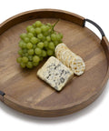 18 inch mango wood lazy susan serving tray with high wall, featuring grapes, cheese, and crackers on a round surface.