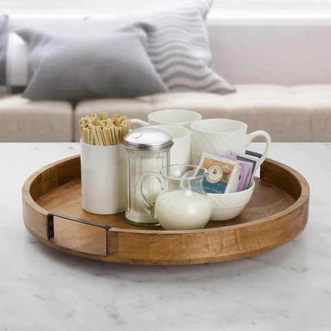 18 inch mango wood lazy susan serving tray with cups and condiments on a table, round rotating centerpiece for dining.