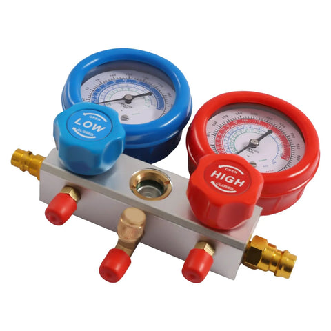 Heavy Duty Vacuum Pump And Manifold Gauge Set For AC Refrigeration Kit showing dual gauge manifold with red and blue dials