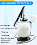 Manual Adjustable ATF Refill Tool with pump handle and clear hose, part of 7.5 Liter Manual Transmission Fluid Pump Kit With 15 ATF Adapters.