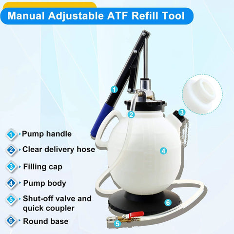 Manual Adjustable ATF Refill Tool with pump handle and clear hose, part of 7.5 Liter Manual Transmission Fluid Pump Kit With 15 ATF Adapters.