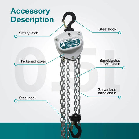 Industrial Grade Manual Chain Hoist 1100 Lb Capacity With 10 Ft Lift Reach And 3 Meter Chain Fall featuring steel hooks and chains.