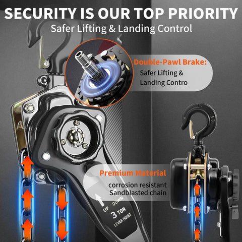 Close-up of 3 Ton Manual Chain Hoist 6600 lb Capacity 10 ft Lift Galvanized Steel Double Pawl Brake with 360 Swivel Hook