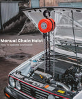 Hand Chain Hoist 1 Ton 2000 Lb Capacity 10 Ft Lift With 2 Heavy Duty Hooks red alloy on car, manual chain fall garage use
