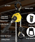Manual Lever Chain Hoist One Quarter Ton Capacity Portable Come Along With 10 Foot Lift And G80 Chain Hook, labeled parts view