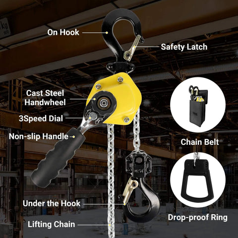 Manual Lever Chain Hoist One Quarter Ton Capacity Portable Come Along With 10 Foot Lift And G80 Chain Hook, labeled parts view
