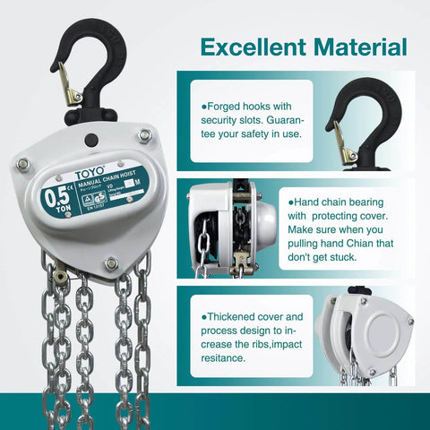 Industrial Grade Manual Chain Hoist 1100 Lb Capacity With 10 Ft Lift Reach And 3 Meter Chain Fall featuring heavy duty hooks