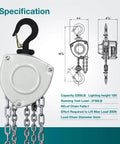 Diagram of Industrial Grade Manual Chain Hoist 1100 Lb Capacity With 10 Ft Lift Reach showing specifications and design