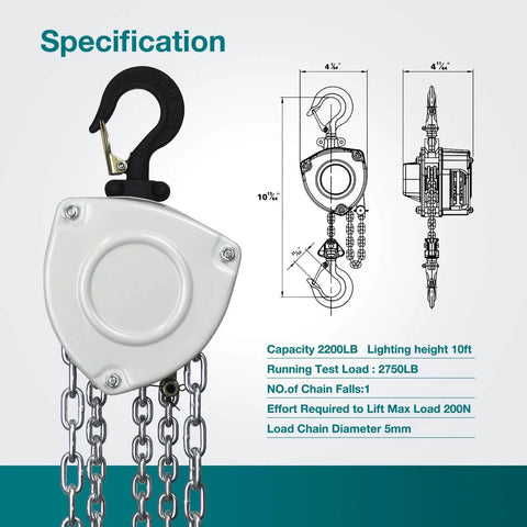 Diagram of Industrial Grade Manual Chain Hoist 1100 Lb Capacity With 10 Ft Lift Reach showing specifications and design