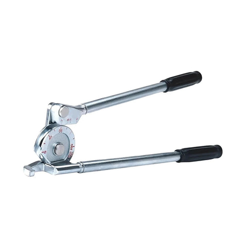Manual half inch pipe tube bender for copper plumbing with adjustable 0 to 180 degree features and heavy duty carbon steel construction.