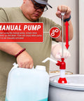 Person using Lift-Action Nylon Chemical-Resistant Drum Pump For 15 To 55 Gallon Barrels with 47.2-Inch hose and stainless plunger rod.