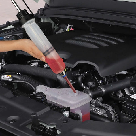Using 200cc Manual Fluid Extractor Pump For Automotive Oil Changes With Two PVC Suction Tubes Reaching Up To 40 Cm under car hood