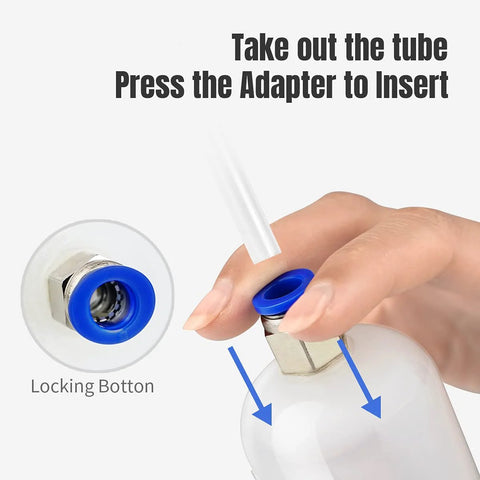 Detail of 200cc Manual Fluid Extractor Pump connection with PVC suction tube and adapter, locking button shown.