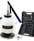 7.5L Manual Transmission Fluid Transfer Pump Kit With 15 ATF Adapters, visible pump and adapter set for Audi, Mercedes, VW, Ford, BMW.