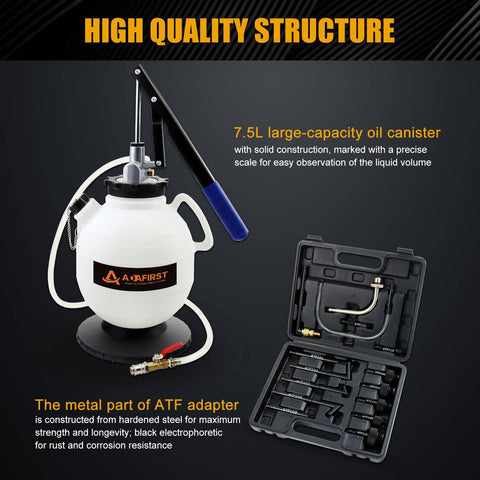 7.5L Manual Transmission Fluid Transfer Pump Kit With 15 ATF Adapters, white canister and accessory case, for Audi Mercedes VW Ford BMW